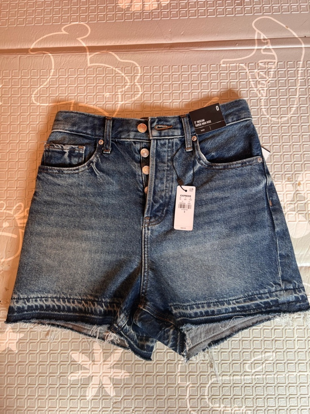 Express Button-Front High Rise Denim Shorts in Blue